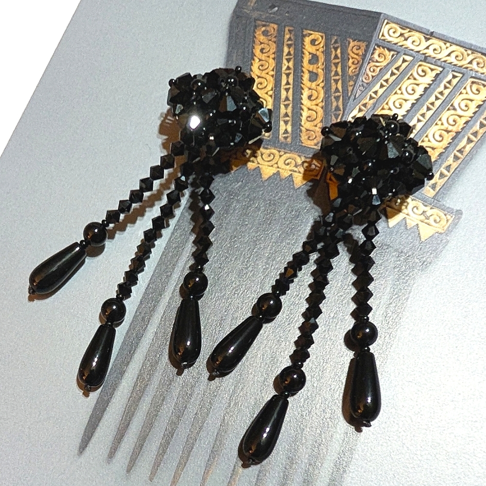 VTG French Jet Shoulder Brusher Earrings 3.5" !!! - Picture 4 of 7